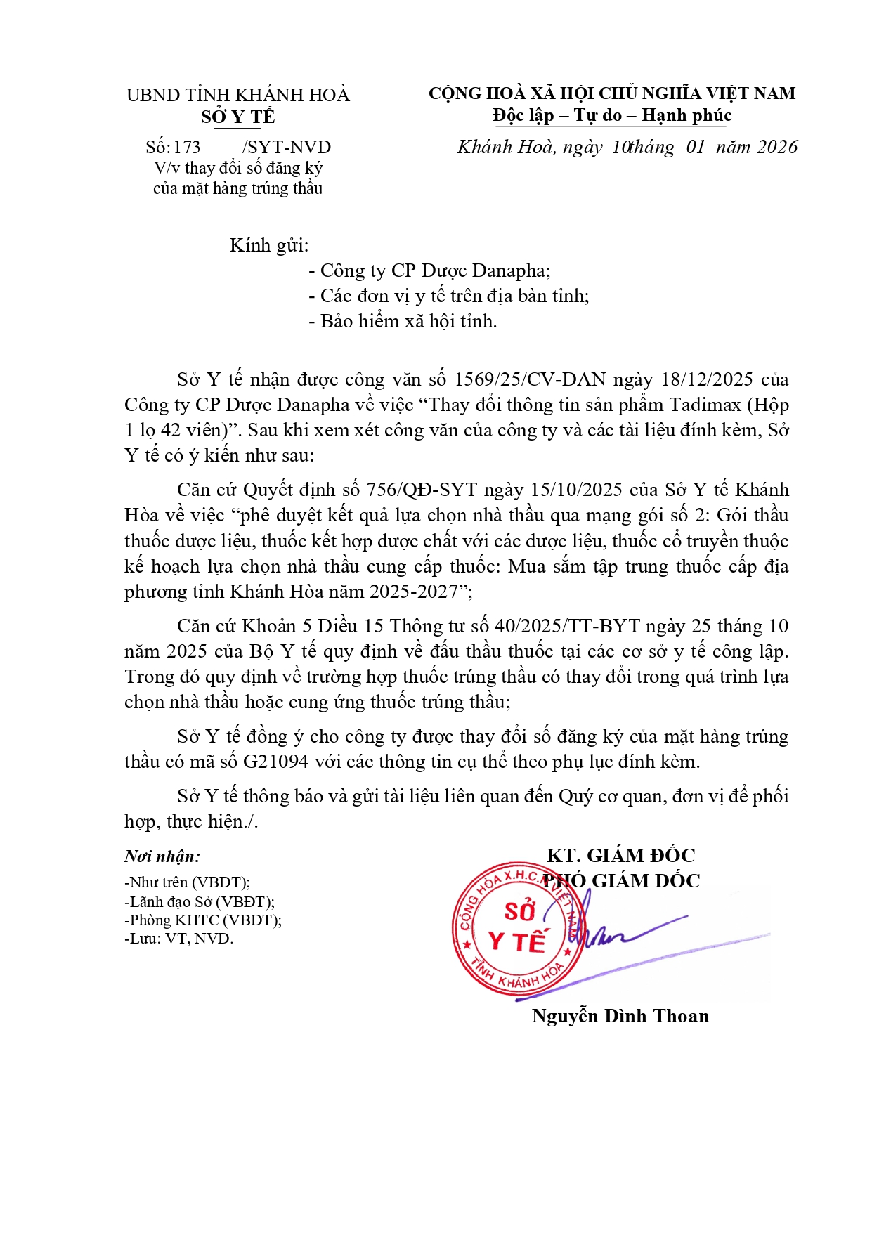 V/v thay đổi số đăng ký của mặt hàng trúng thầu